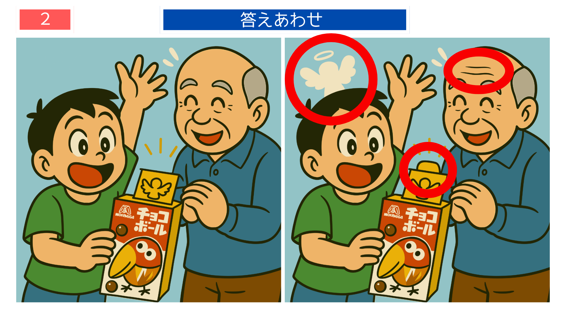間違い探しクイズ|チョコボールの金のエンゼルが出て喜ぶ親子の答えイラスト