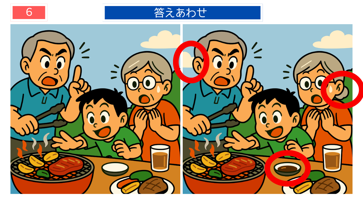 間違い探しクイズ｜焼肉を焼く祖父と孫の答えイラスト