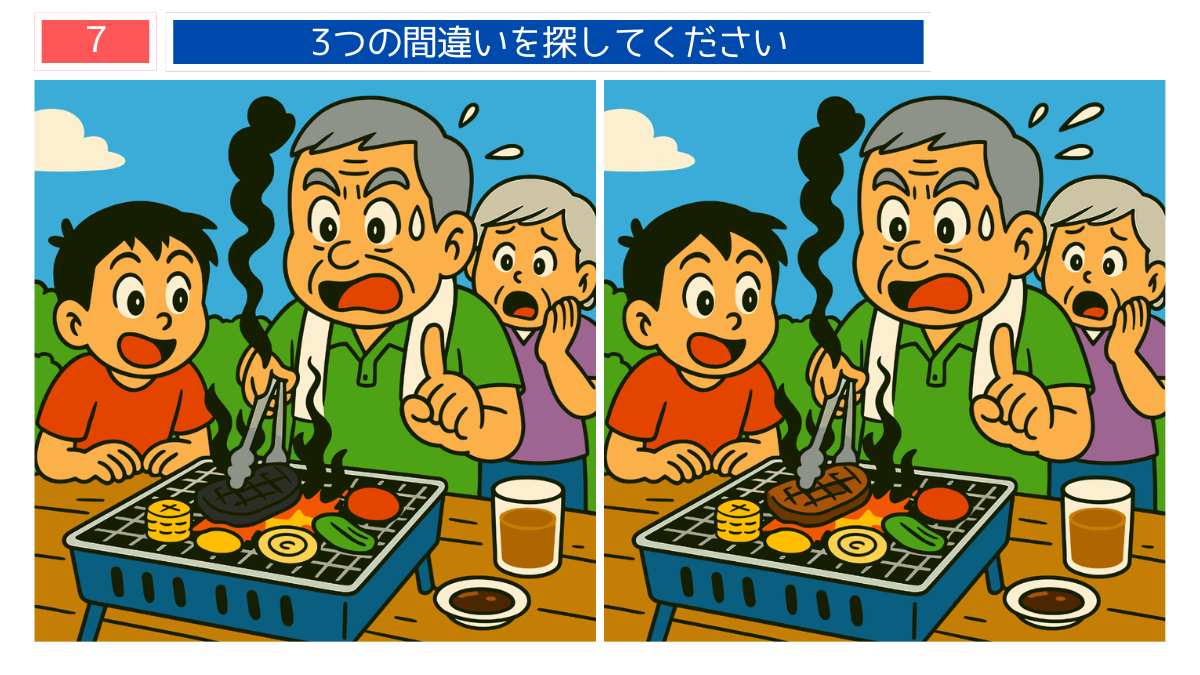 間違い探しクイズ｜焦げた肉に驚く家族のイラスト