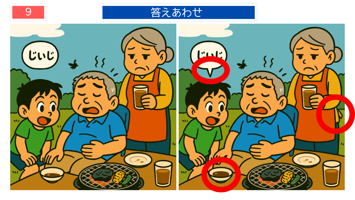 間違い探しクイズ｜お腹いっぱいで休む祖父の答えイラスト