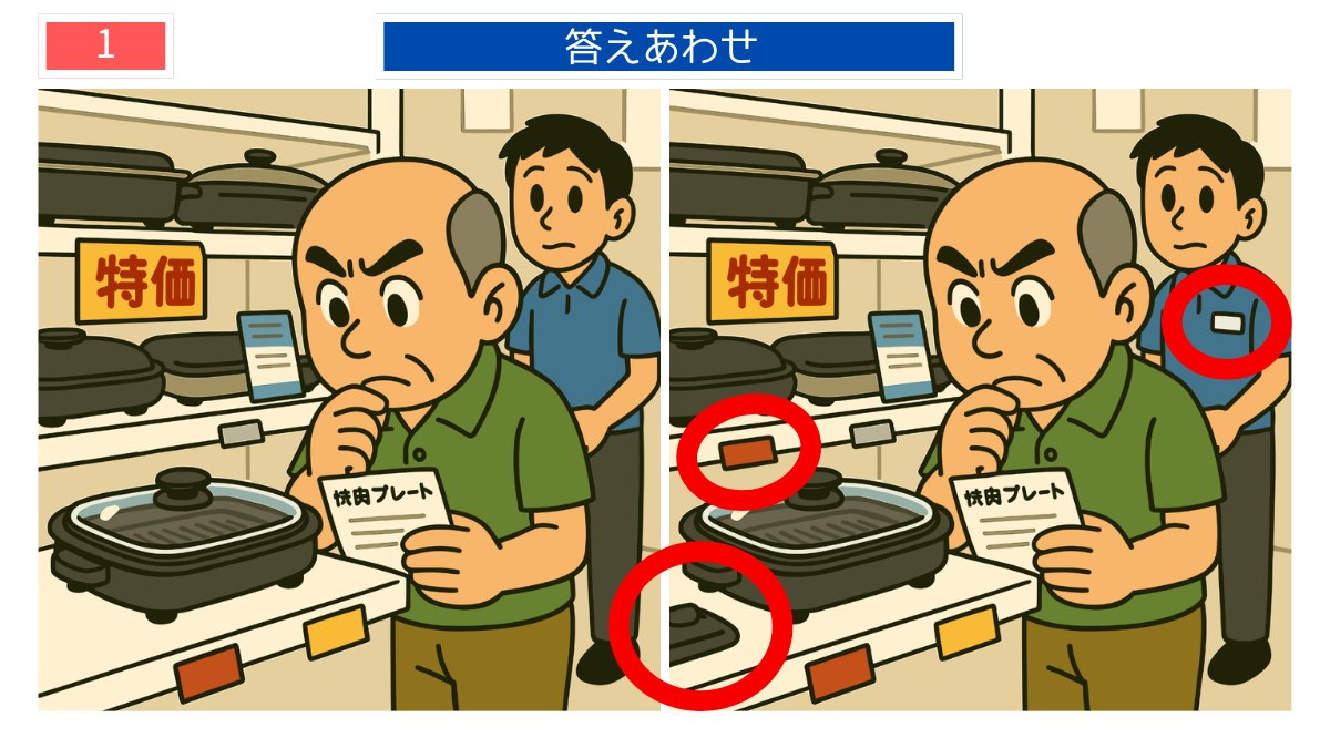 間違い探しクイズ｜焼肉プレートを選ぶシニア男性の答えイラスト
