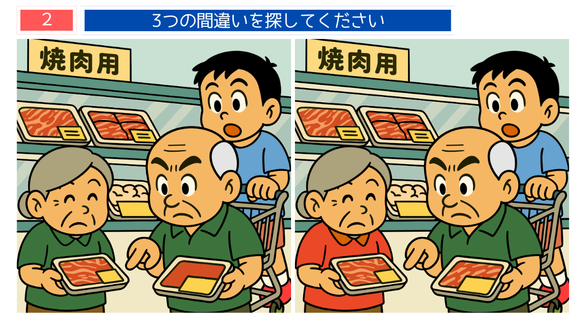 間違い探しクイズ｜焼肉用の肉を選ぶ家族のイラスト