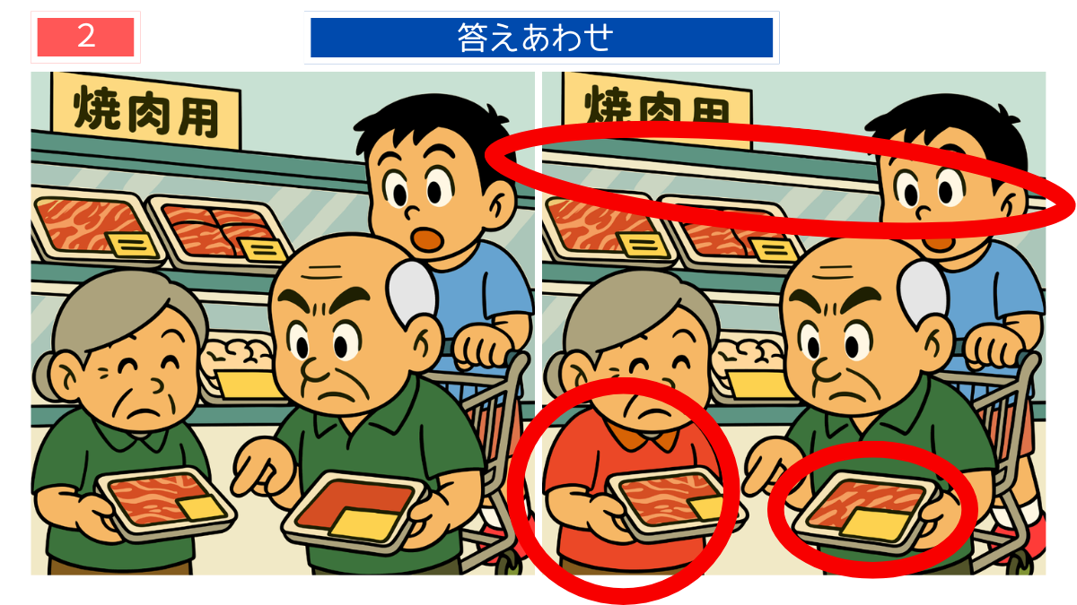 間違い探しクイズ｜焼肉用の肉を選ぶ家族の答えイラスト