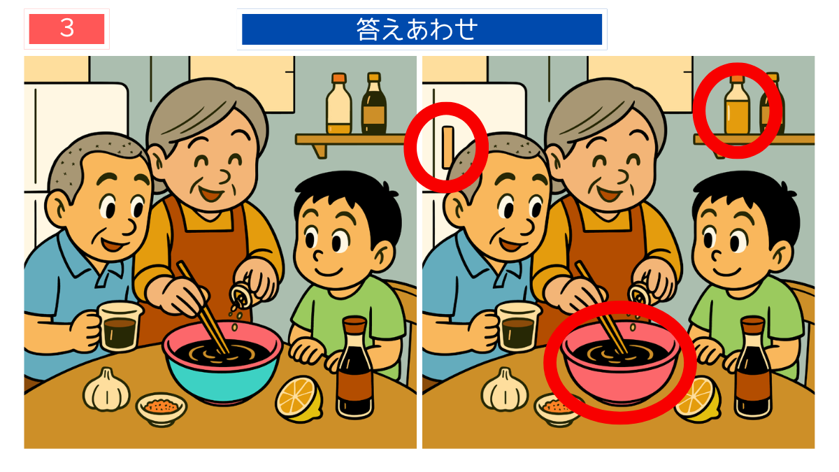 間違い探しクイズ｜焼肉のタレを作る家族の答えイラスト