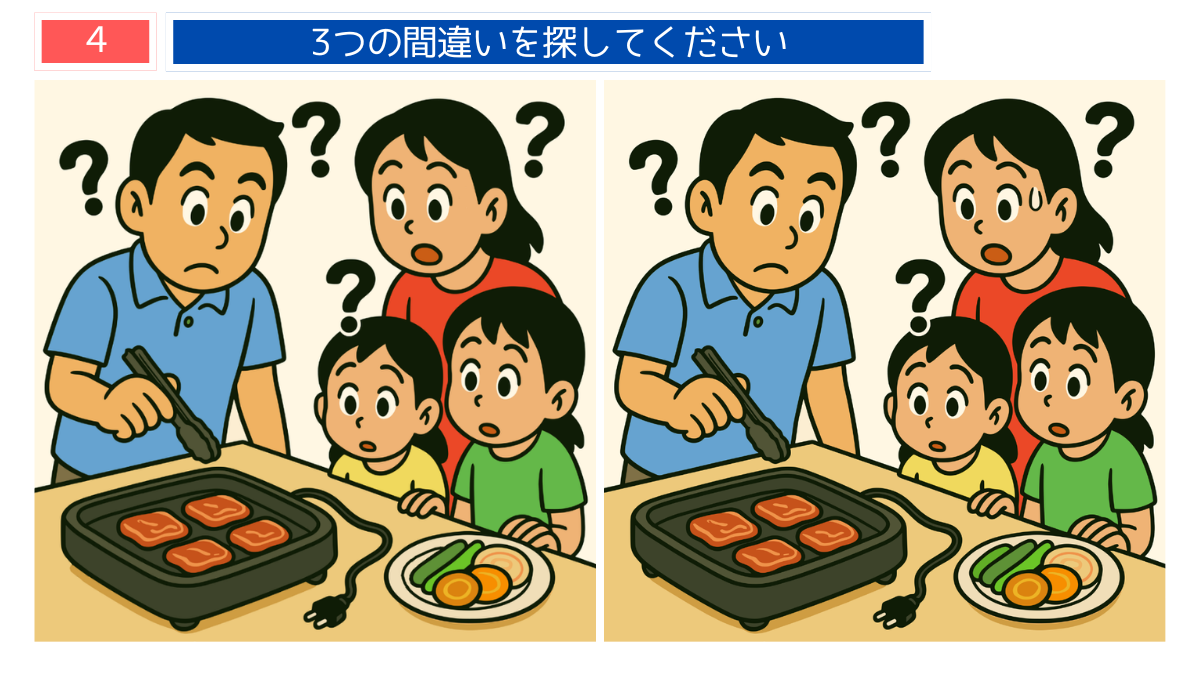 間違い探しクイズ｜焼肉プレートの準備に戸惑う家族のイラスト