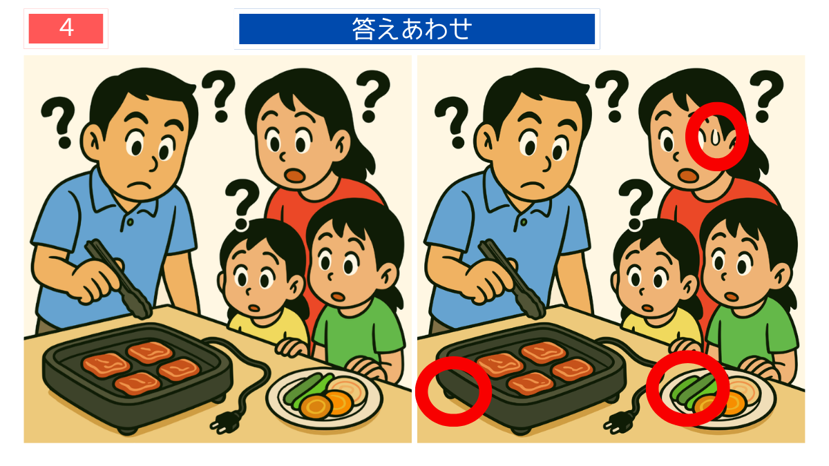 間違い探しクイズ｜焼肉プレートの準備に戸惑う家族の答えイラスト