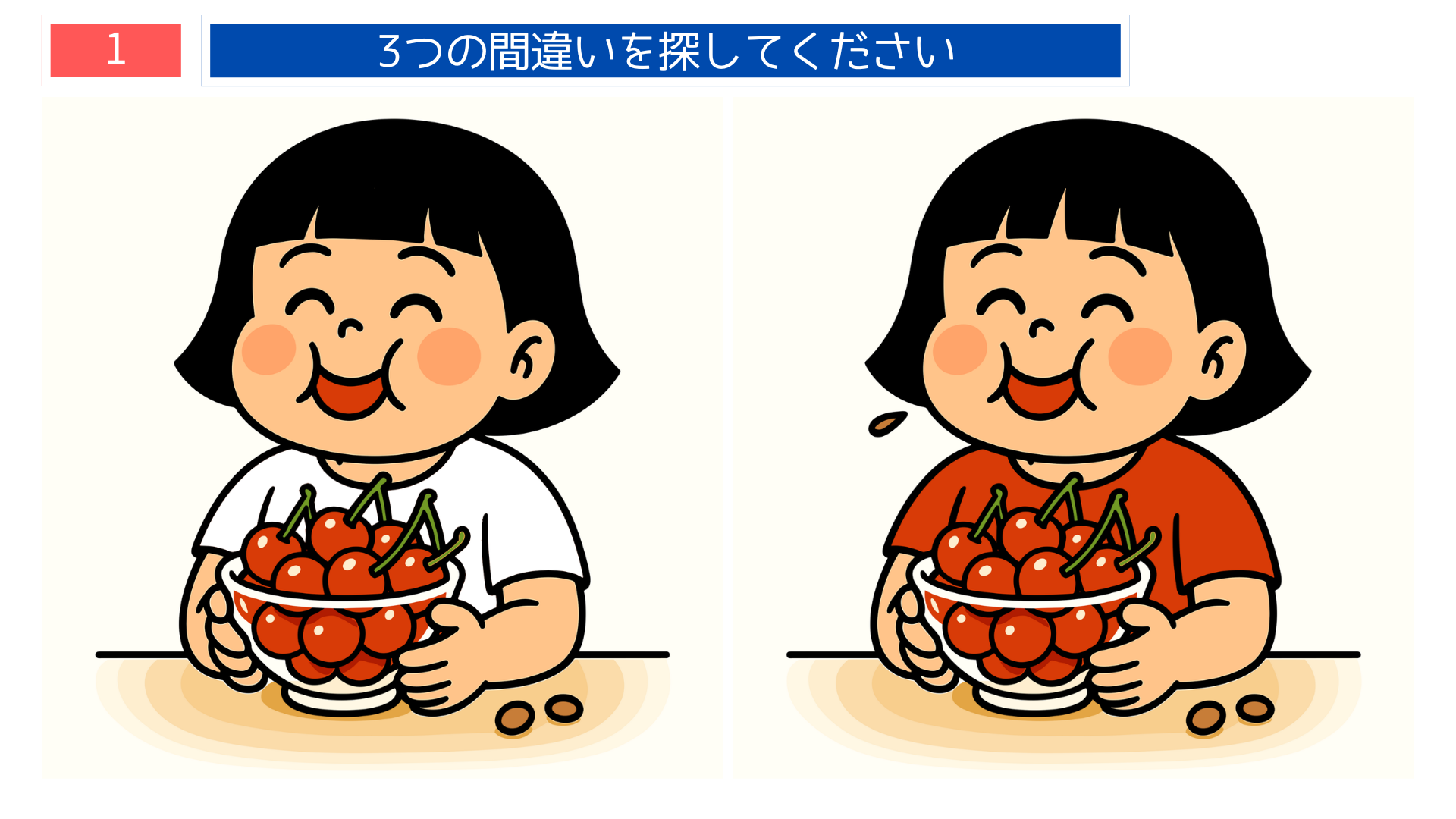 間違い探しクイズ｜山形の名所と名物を楽しむ家族のイラスト（さくらんぼ・花笠・温泉など）