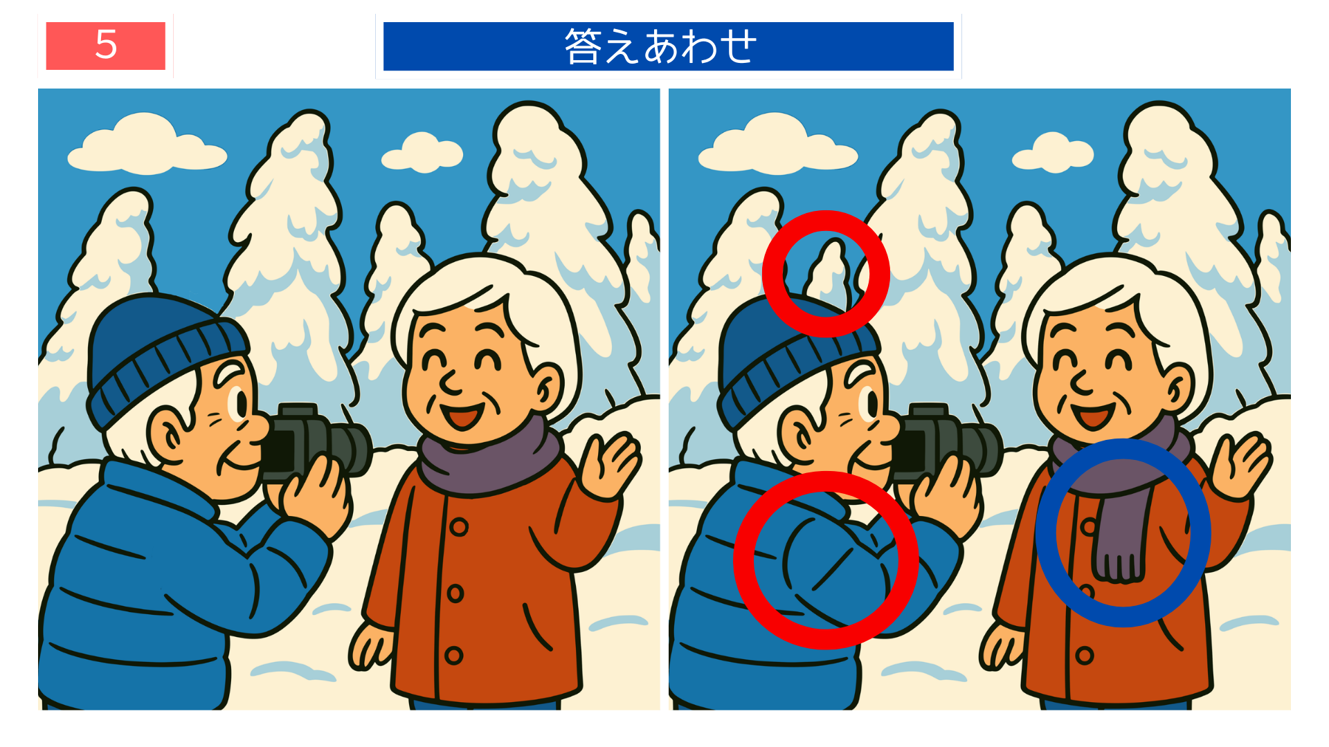 間違い探しクイズ答え|雪景色の中で記念撮影する夫婦の答えイラスト
