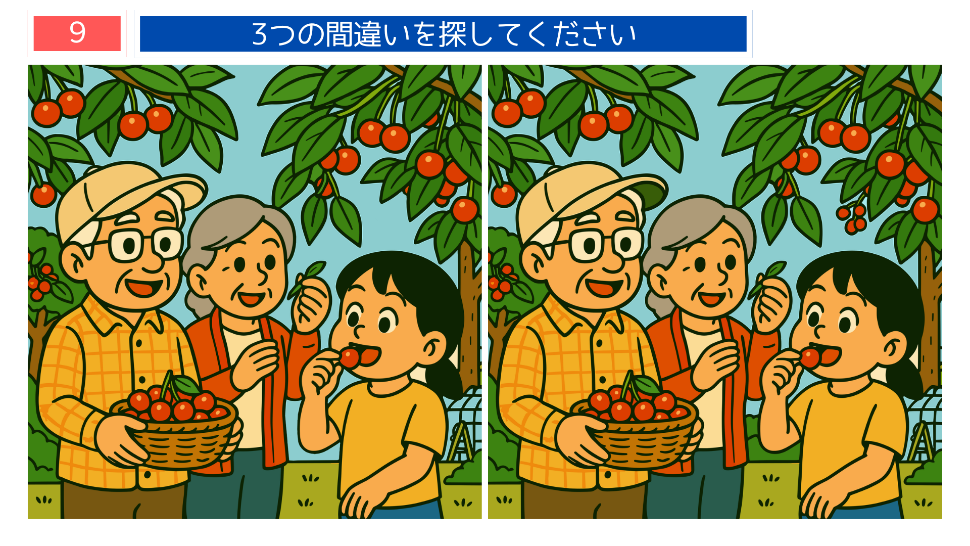間違い探しクイズ|さくらんぼ狩りを楽しむ家族のイラスト