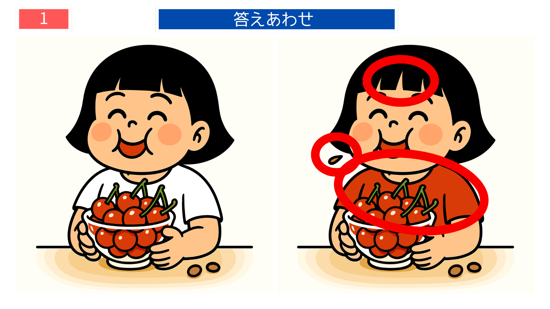 間違い探しクイズ答え|さくらんぼを抱えて笑顔の女の子の答えイラスト