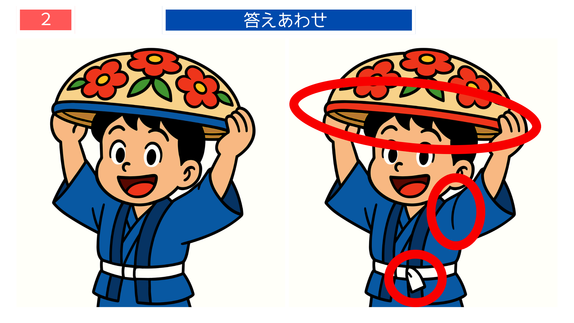 間違い探しクイズ答え|山形花笠まつりの帽子を手にする男の子の答えイラスト