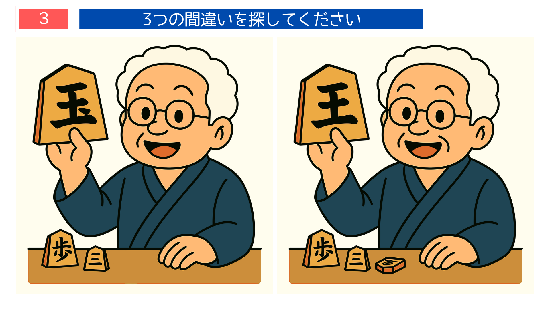 間違い探しクイズ|山形天童の将棋駒を持つおじいさんのイラスト