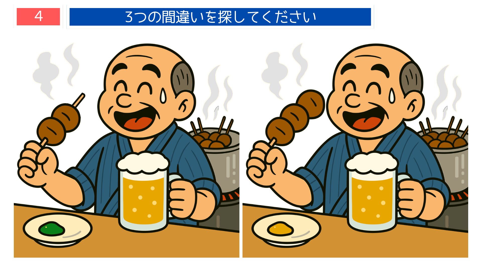 間違い探しクイズ|山形名物の玉こんにゃくを食べながらビールを楽しむ男性のイラスト