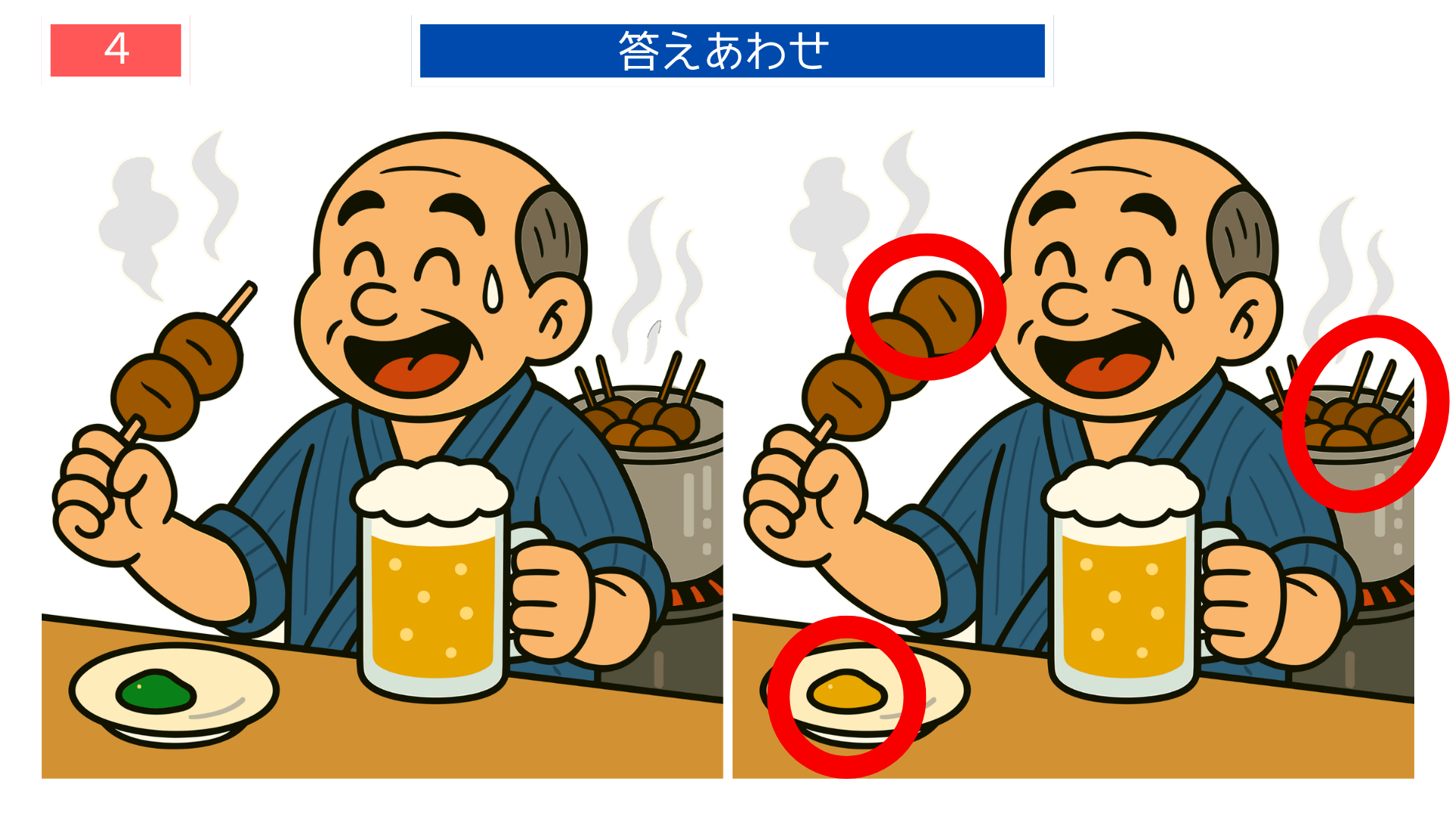 間違い探しクイズ答え|玉こんにゃくを串に刺して味わう男性の答えイラスト