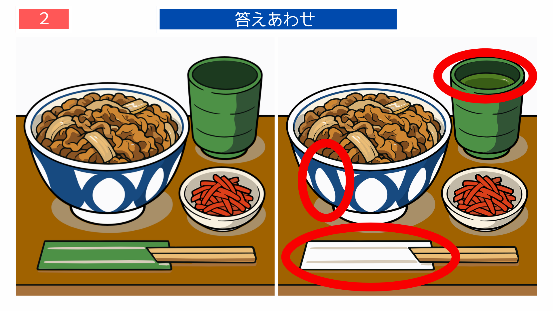 間違い探しクイズ｜湯飲みの高さや割り箸袋が違う答えイラスト