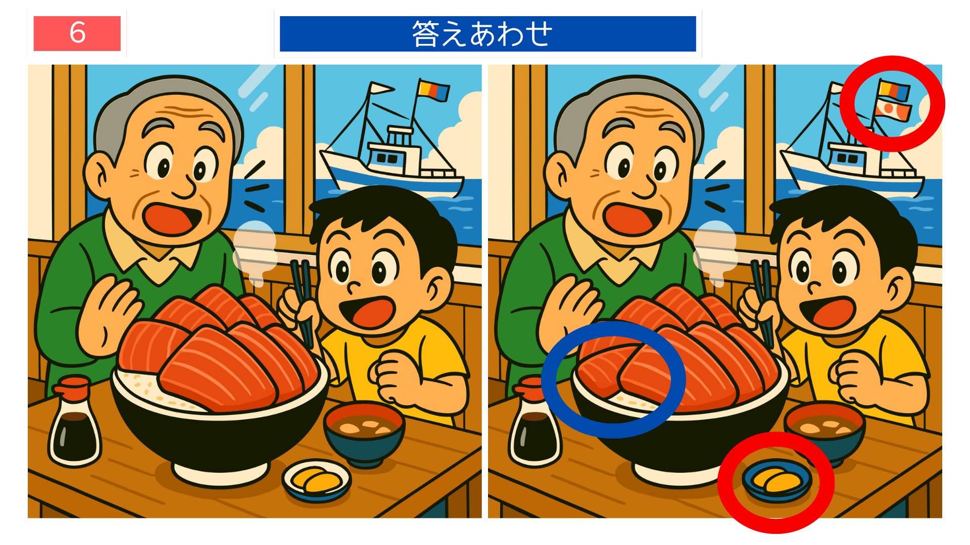 間違い探しクイズ｜船の形や旗の位置が変わった答えイラスト