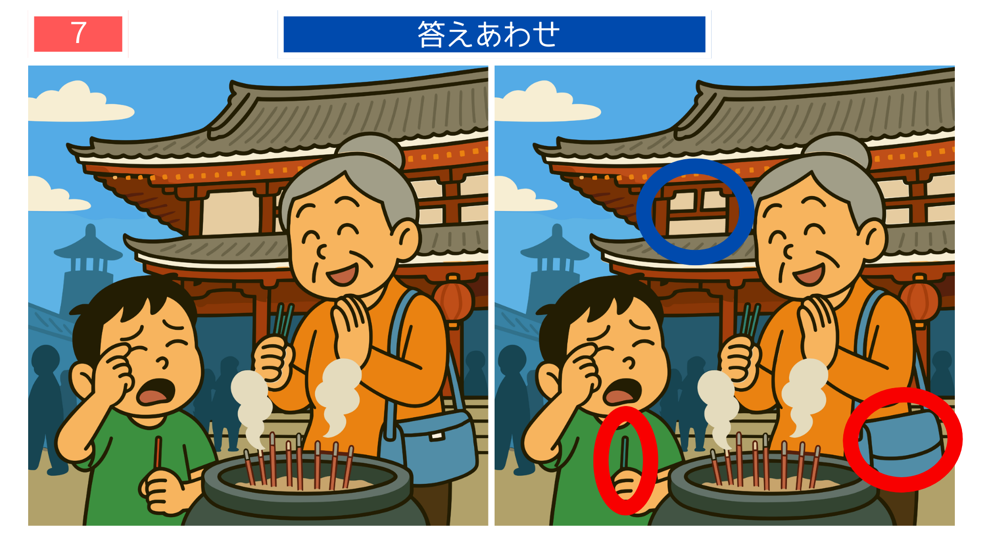 間違い探しクイズ｜温泉まんじゅうの文字や湯気が異なる答えイラスト