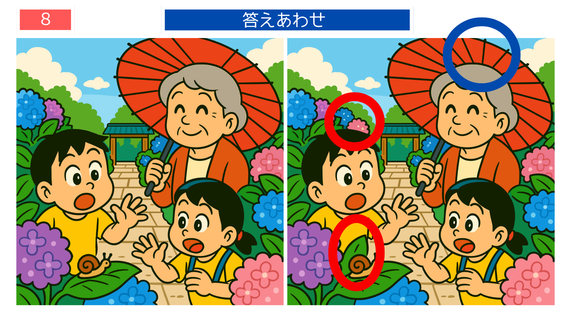 間違い探しクイズ｜赤レンガ倉庫の明るさや看板が異なる答えイラスト