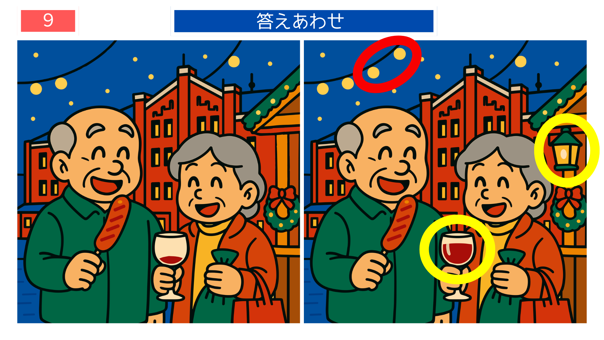 間違い探しクイズ｜ラーメンの具材や屋台の提灯が違う答えイラスト