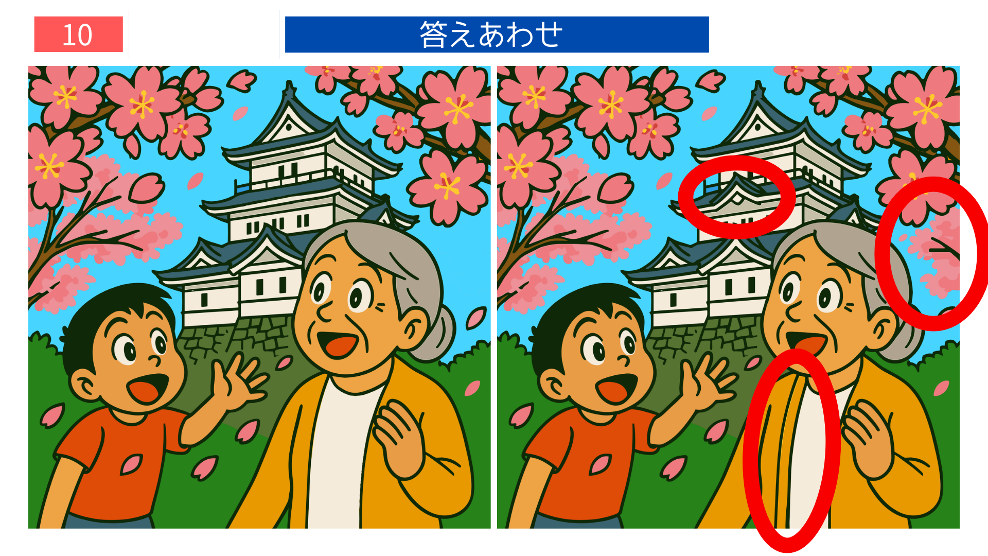 間違い探しクイズ｜案内板の文字や飛行機の形が違う答えイラスト