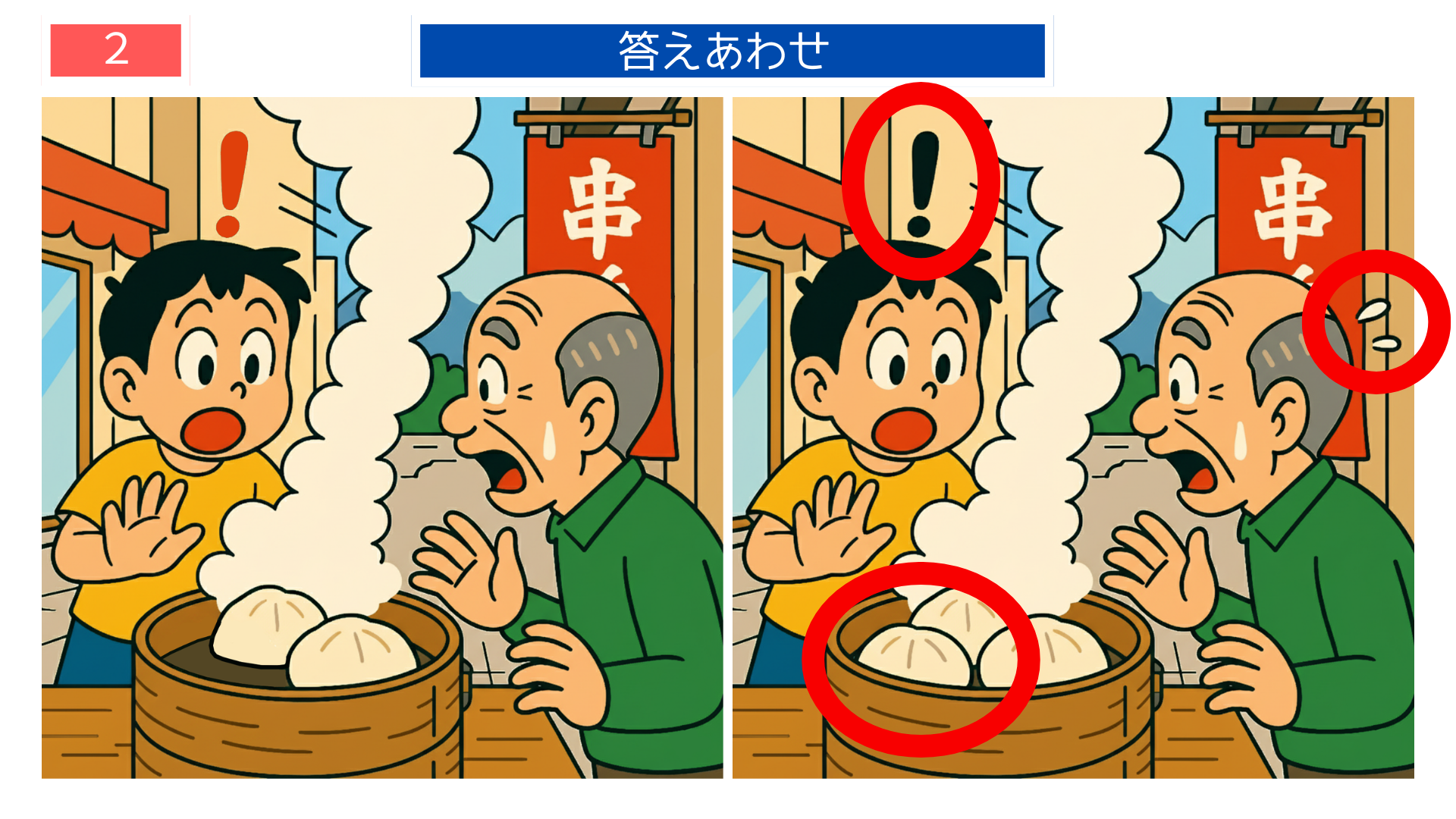 間違い探しクイズ｜中華街の肉まん屋台で湯気や看板の違いがある答えイラスト