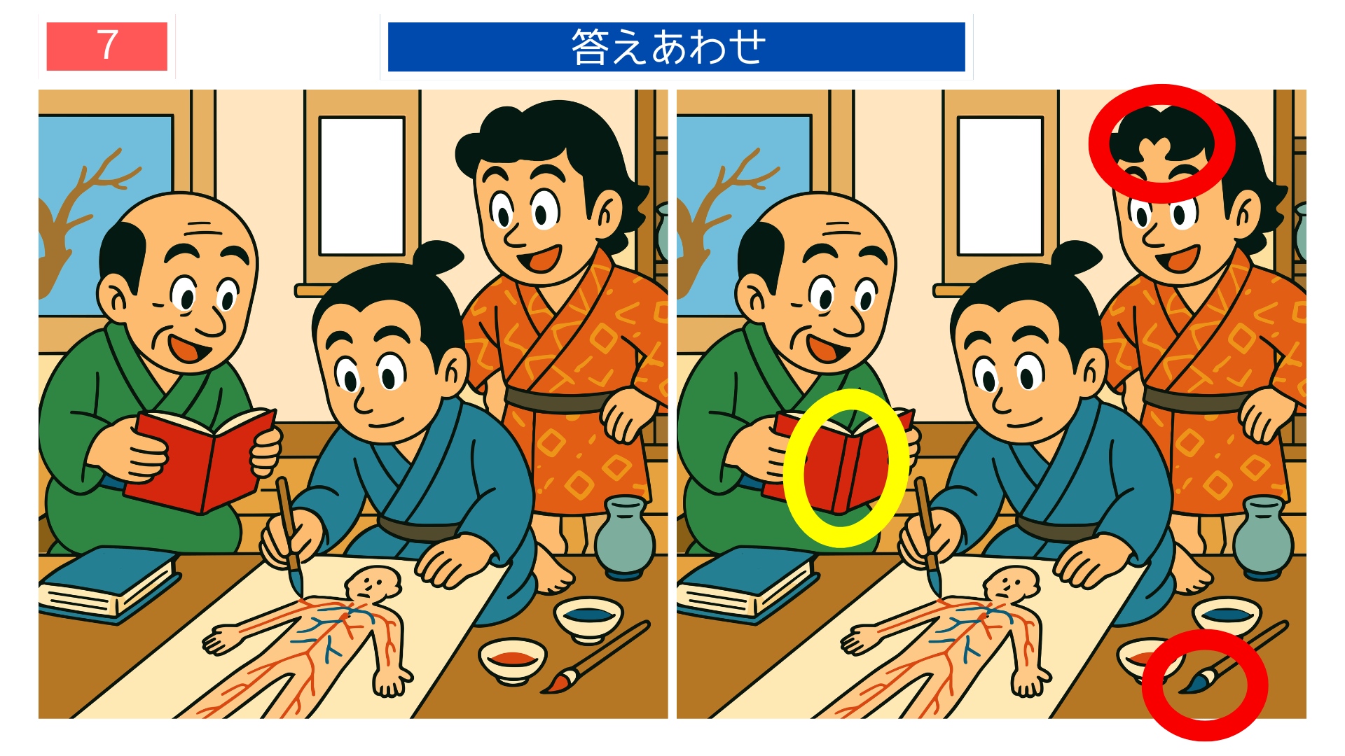 間違い探しクイズ｜絵具皿や線の描き方が違う描き写し作業の答えイラスト