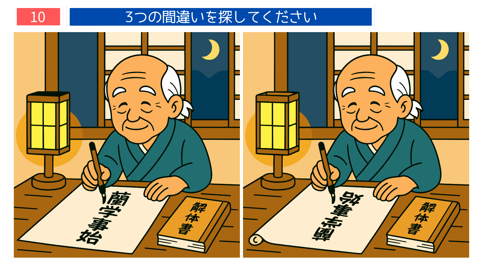 間違い探しクイズ｜月明かりの部屋で杉田玄白が筆で文字を書く夜の場面
