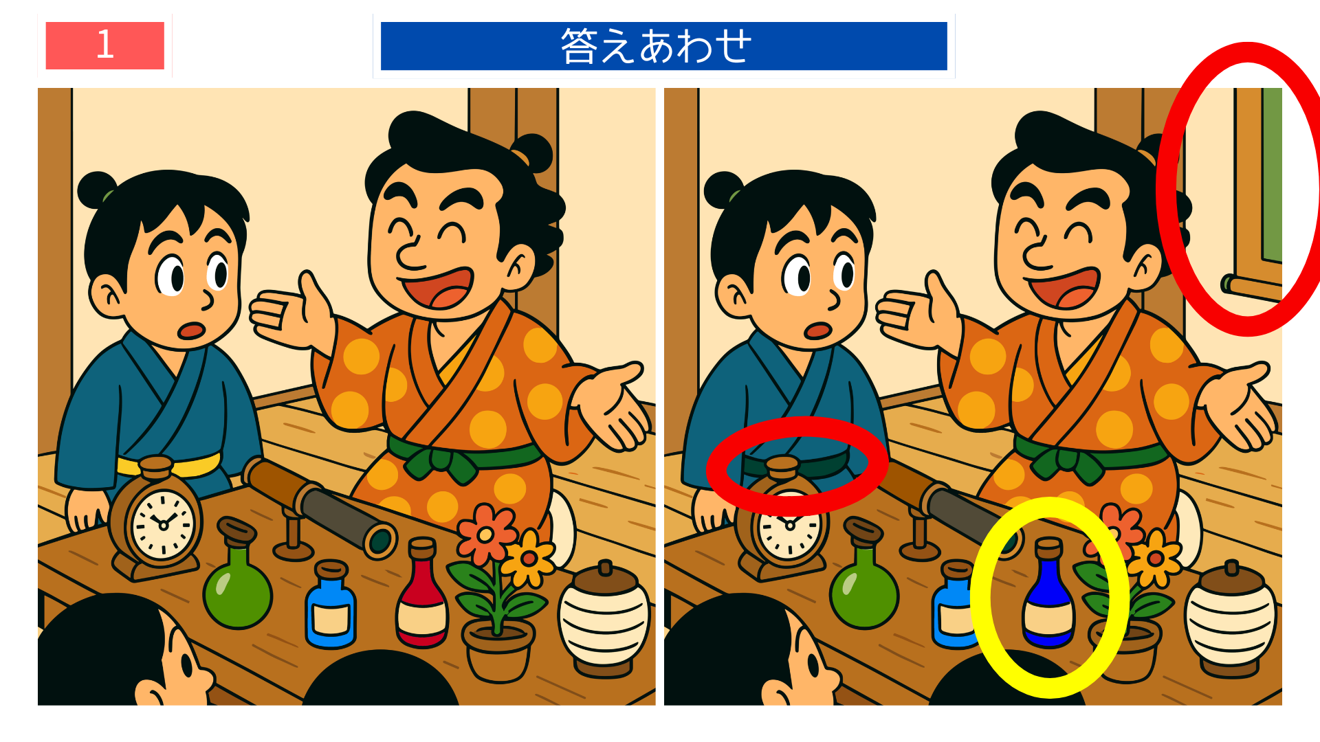 間違い探しクイズ｜江戸時代の道具の配置や瓶の色が変わった準備作業シーンの答えイラスト