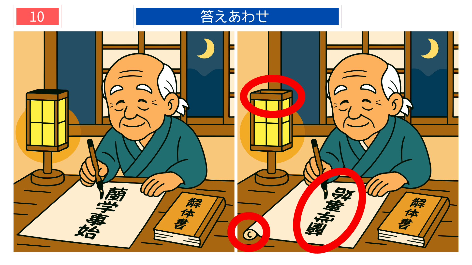間違い探しクイズ｜書かれた文字や巻物の形が異なる夜の書き物シーンの答えイラスト