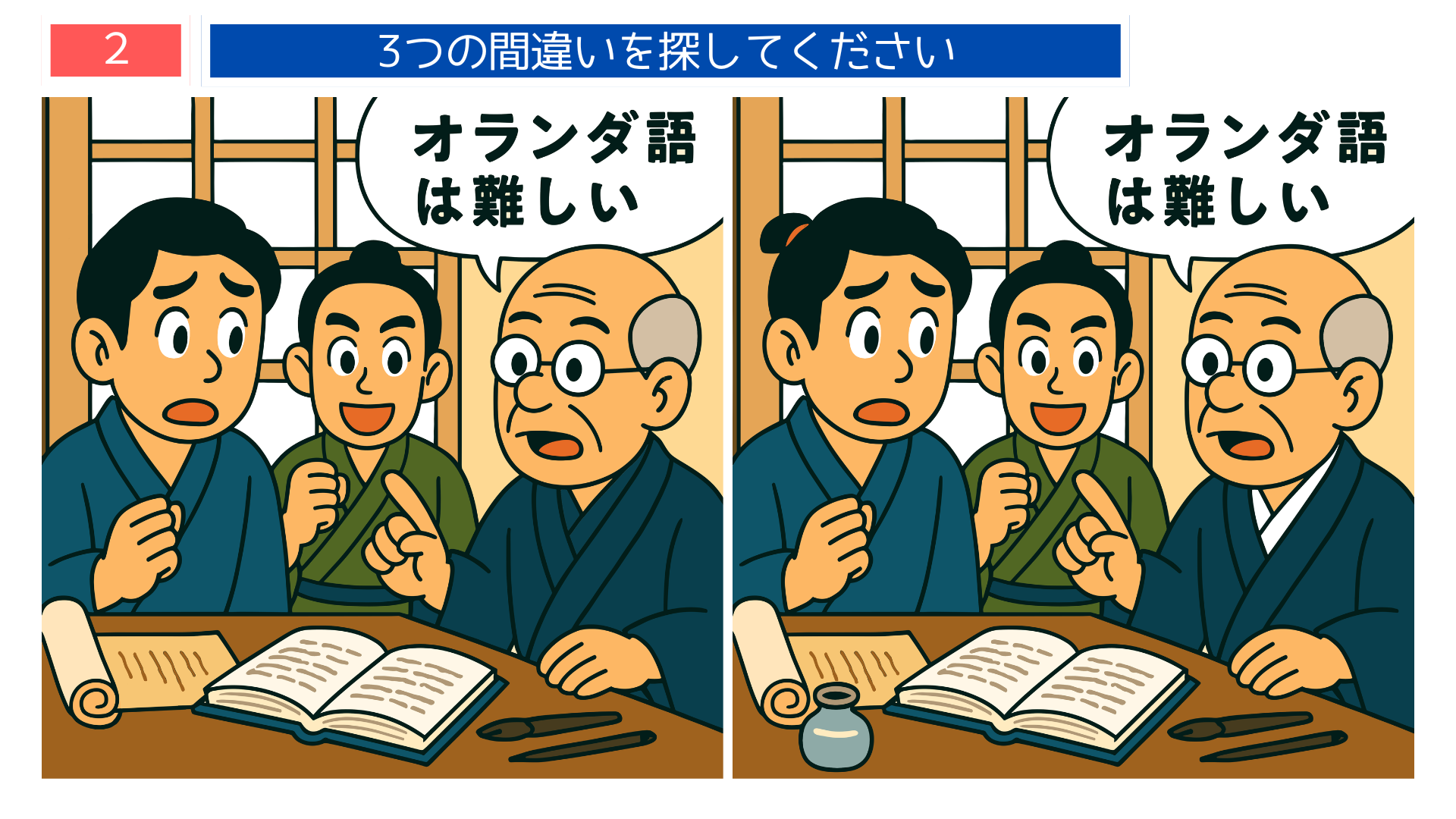間違い探しクイズ｜蘭学の書物を前に杉田玄白たちがオランダ語について議論する場面
