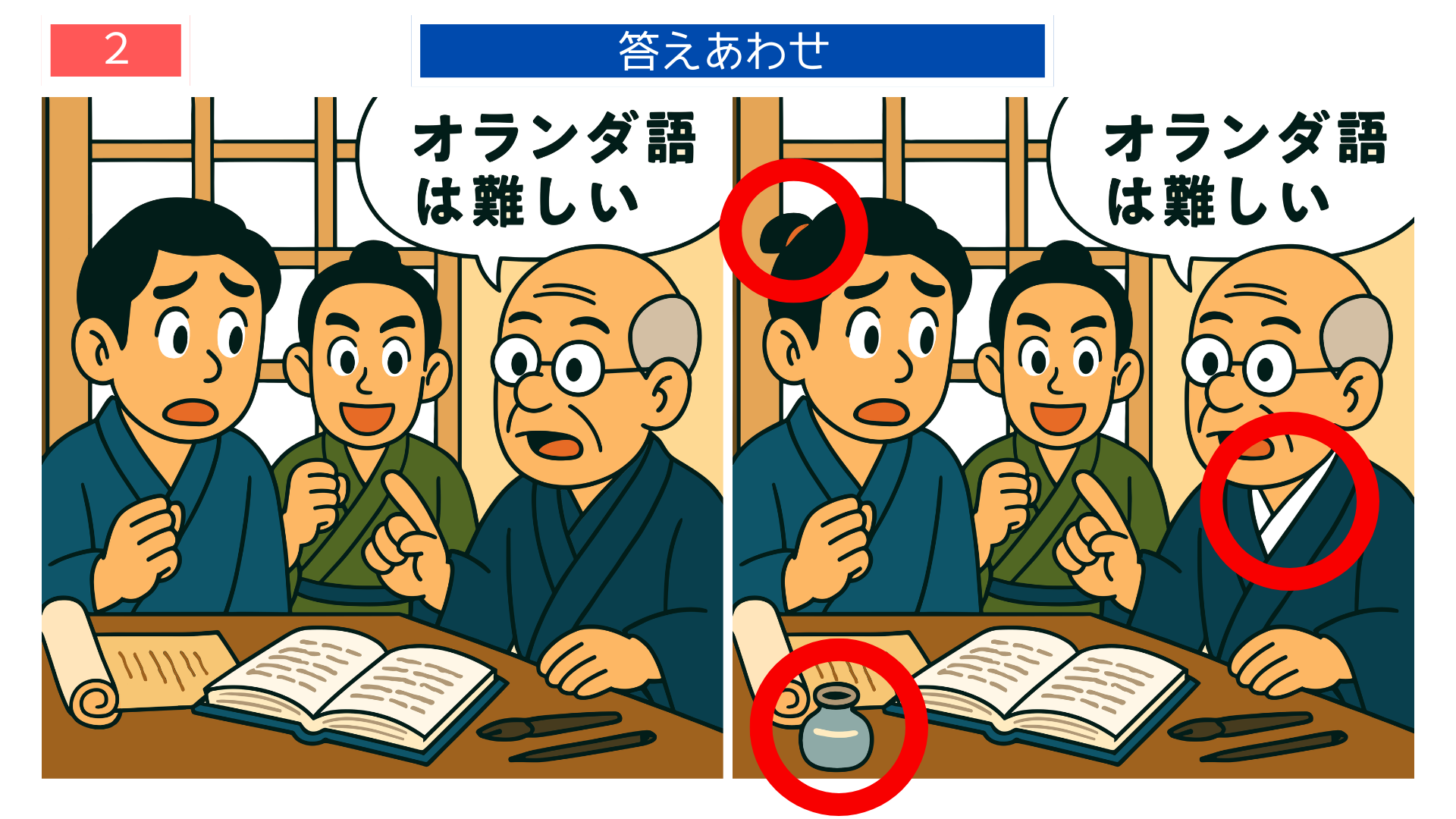 間違い探しクイズ｜机上の小物配置や書物の形が変わった蘭学学習シーンの答えイラスト
