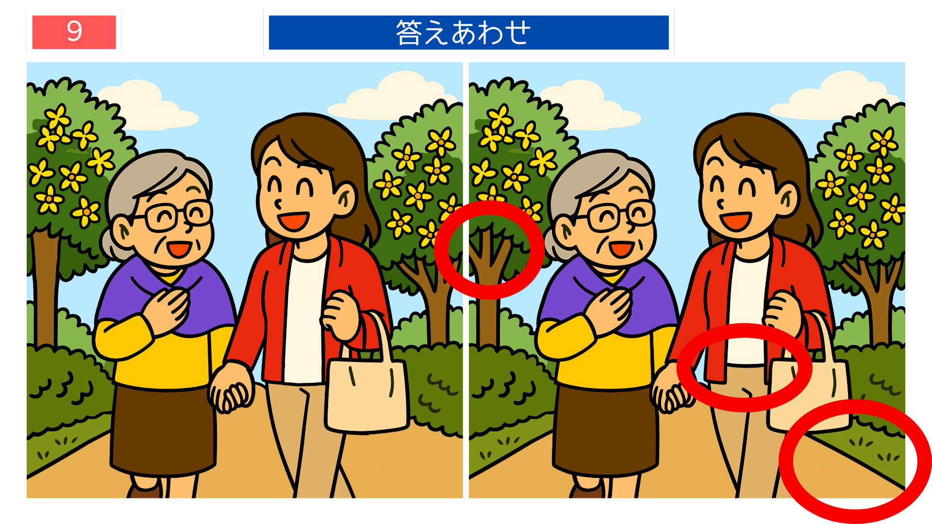散歩を楽しむ女性とおばあさんの間違い探し答えイラスト｜木の花が変化している