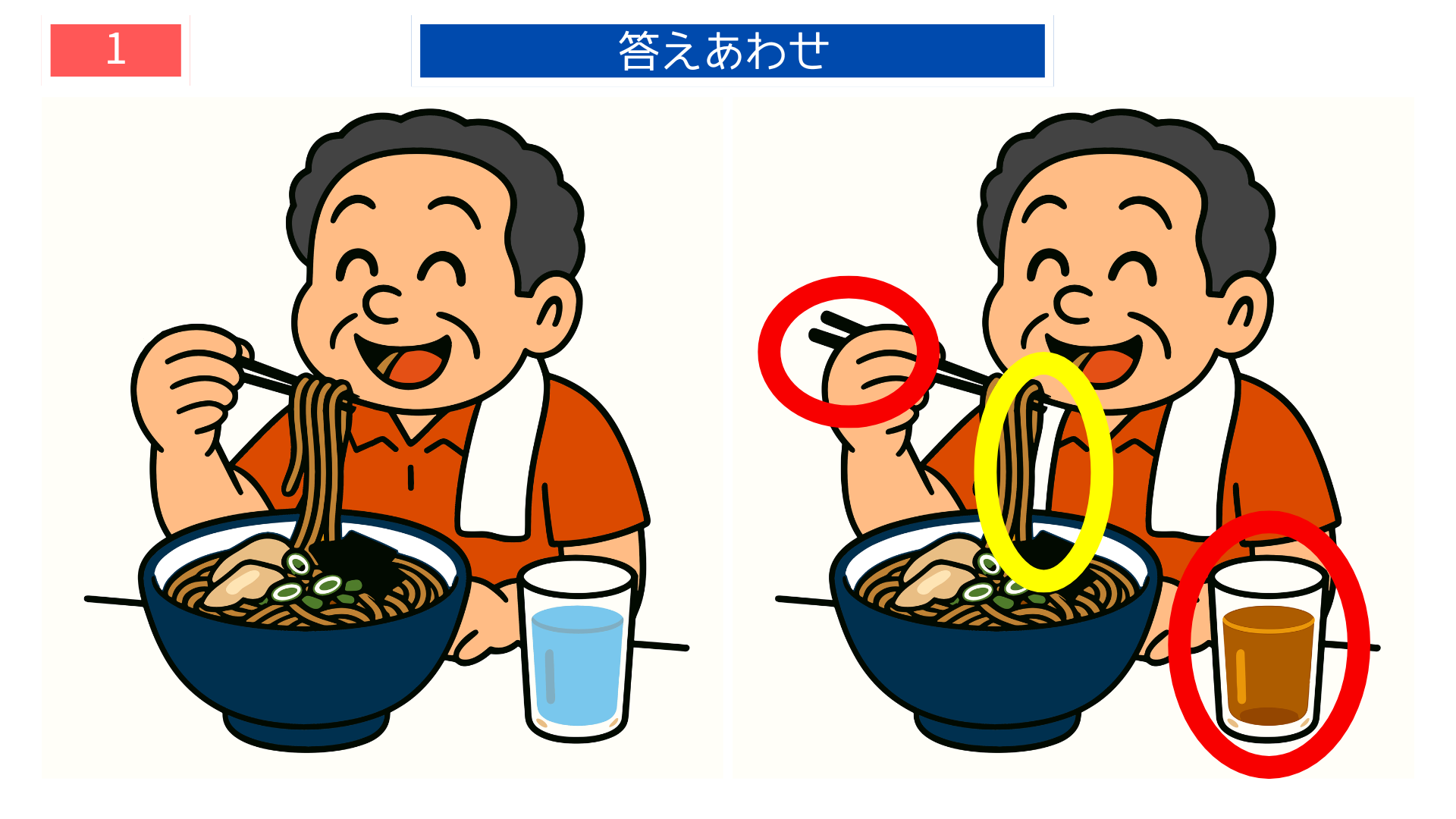 そばを食べるおじいさんの間違い探し答えイラスト｜飲み物の色が変わっている