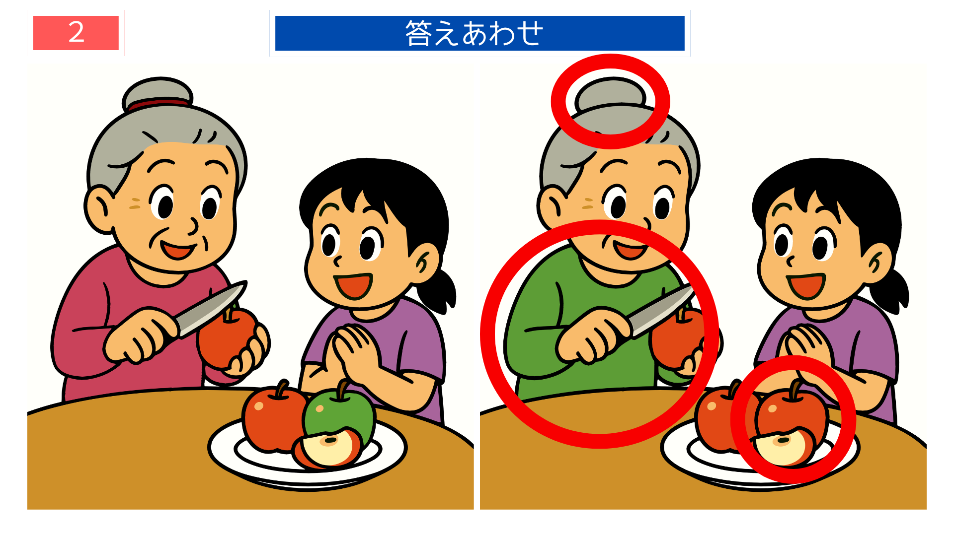 りんごをむくおばあさんの間違い探し答えイラスト｜皿のりんごの色が変わっている