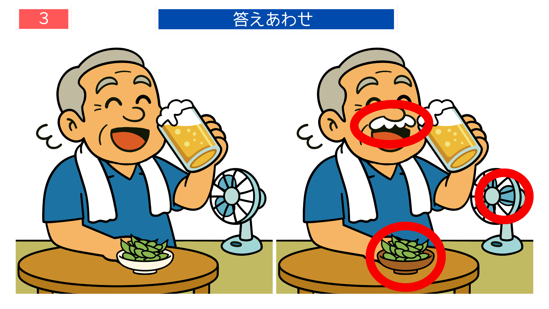 扇風機の前でビールを飲むおじいさんの間違い探し答えイラスト｜ひげの形が変わっている