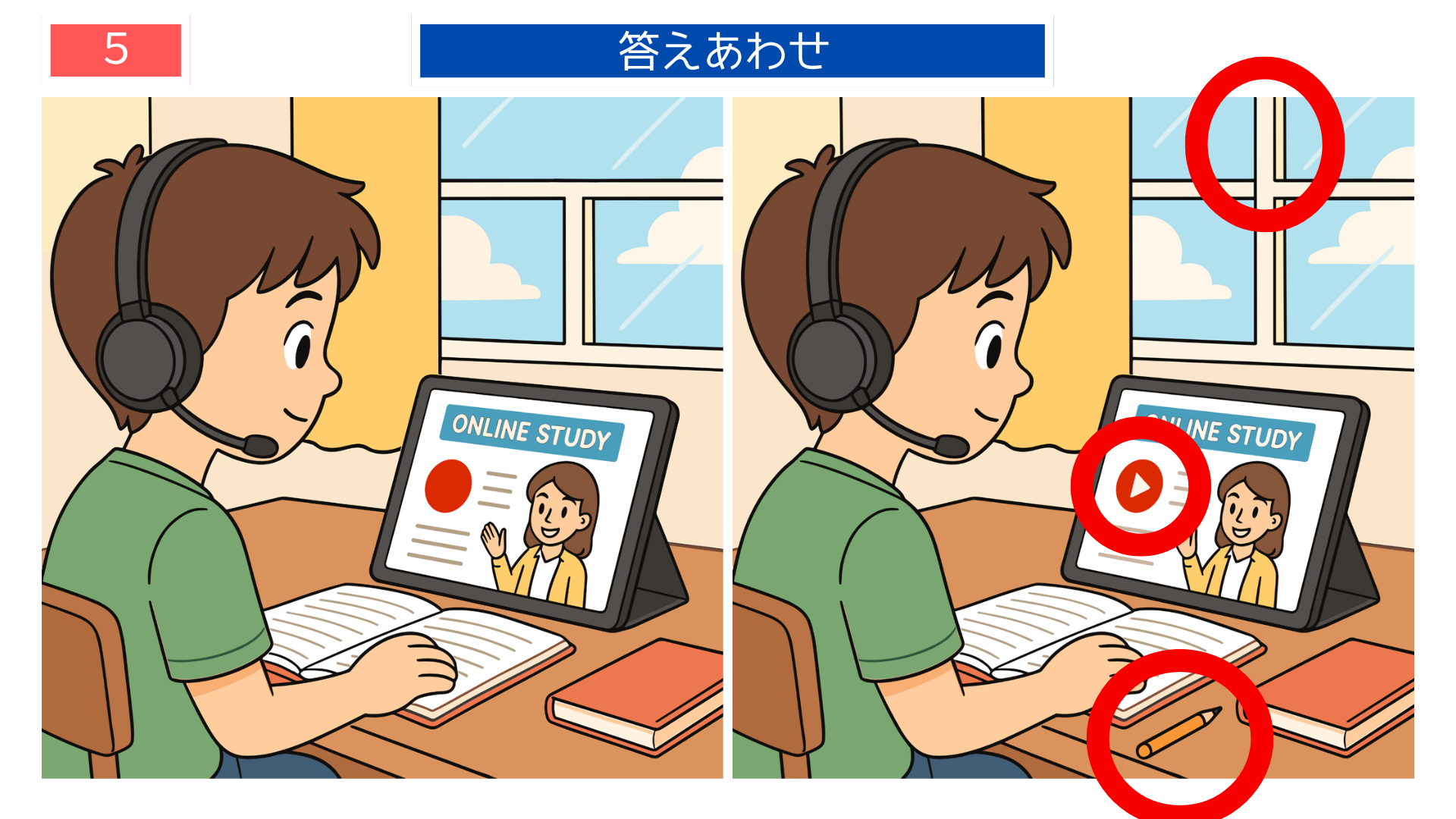 間違い探し無料印刷 タブレット画面が変化したオンライン学習シーンの答え画像