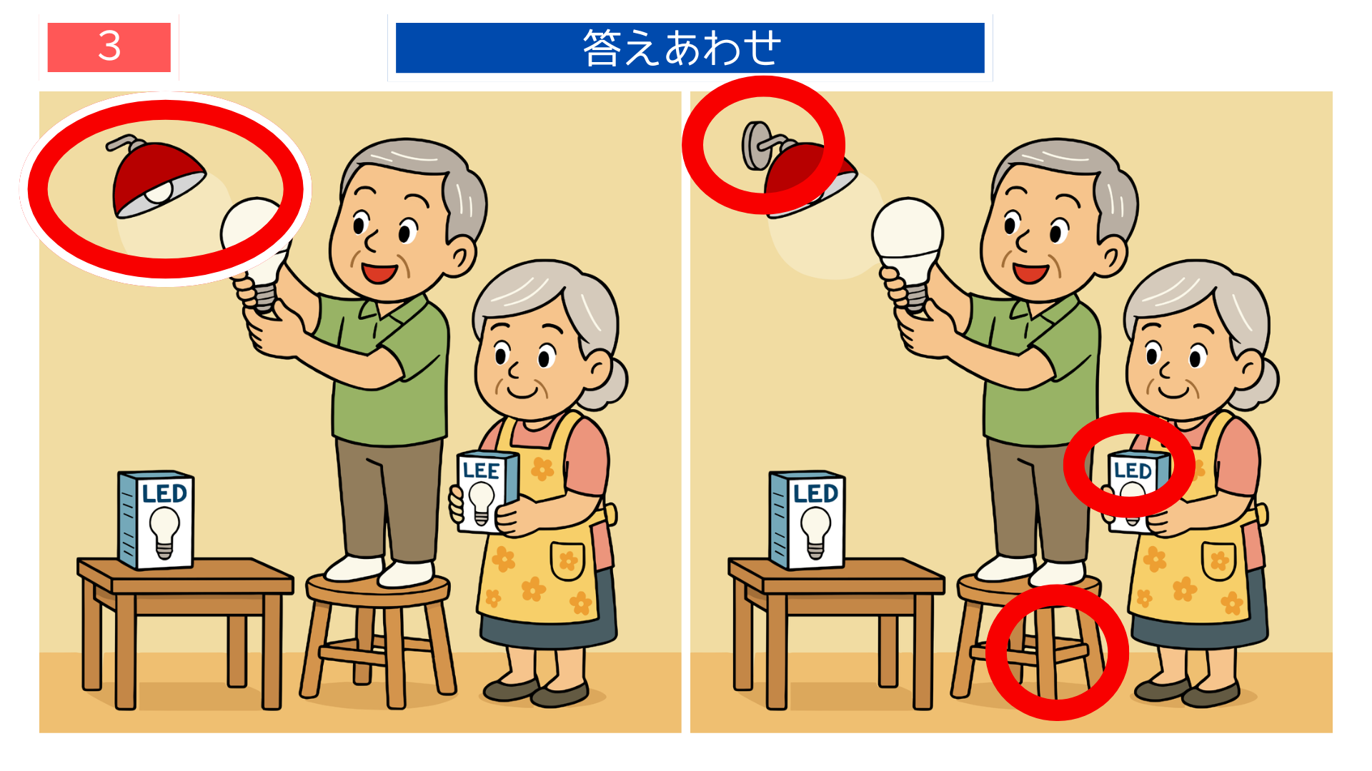 間違い探し無料プリント LED電球交換シーンの答えイラスト 高齢者の脳トレに最適