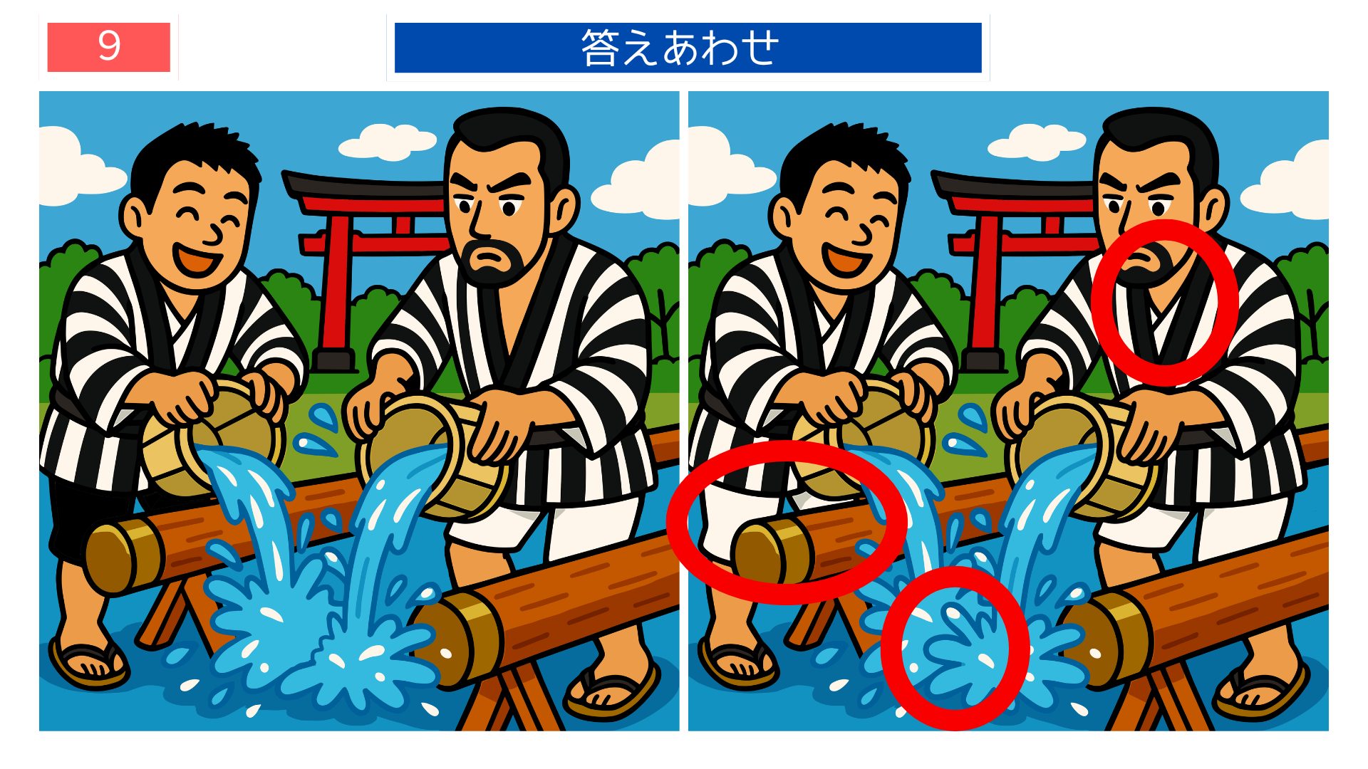 間違い探し無料簡単 水かけ祭りの動作が変化した答えイラスト レク素材に使える