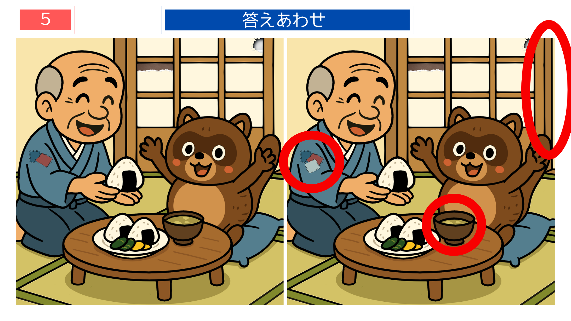 間違い探しクイズ｜机の料理や障子の破れ方が違う答えイラスト