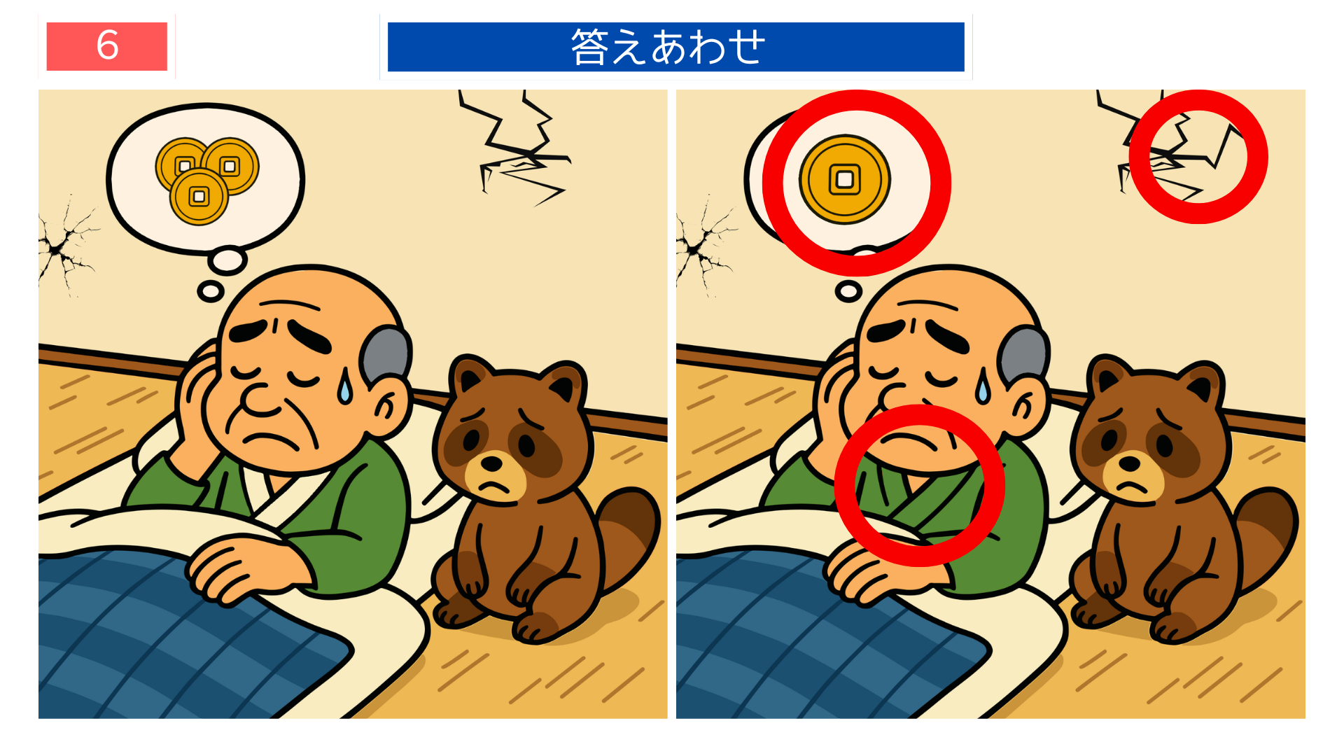 間違い探しクイズ｜床や壁の傷、吹き出しの中の硬貨が変化した答えイラスト