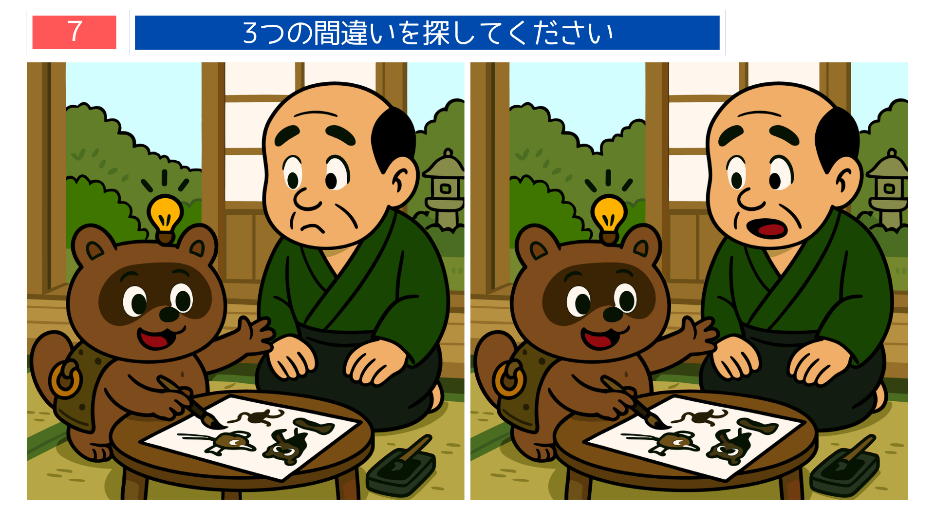 間違い探しクイズ｜タヌキがアイデアをひらめき、絵を描いておじいさんに説明している場面のイラスト