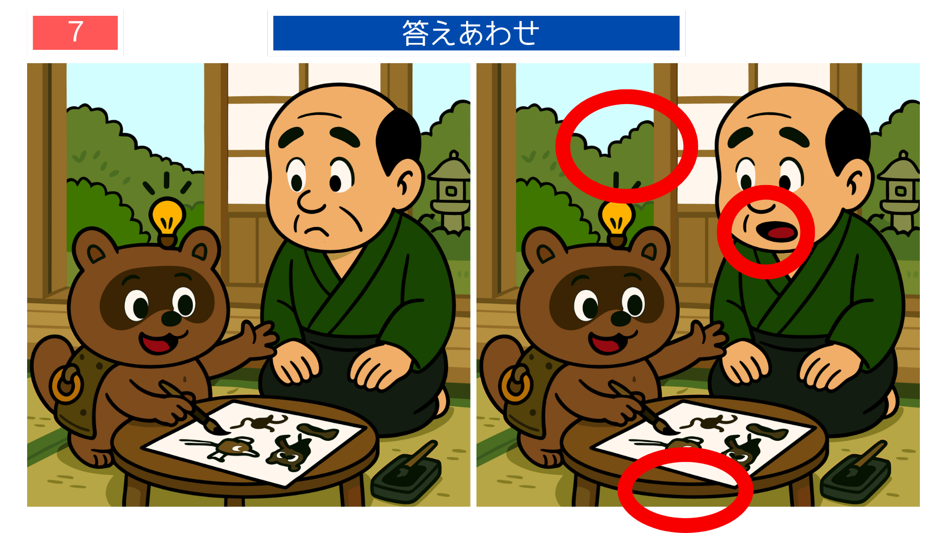 間違い探しクイズ｜描いた紙や背景の灯籠が違う答えイラスト