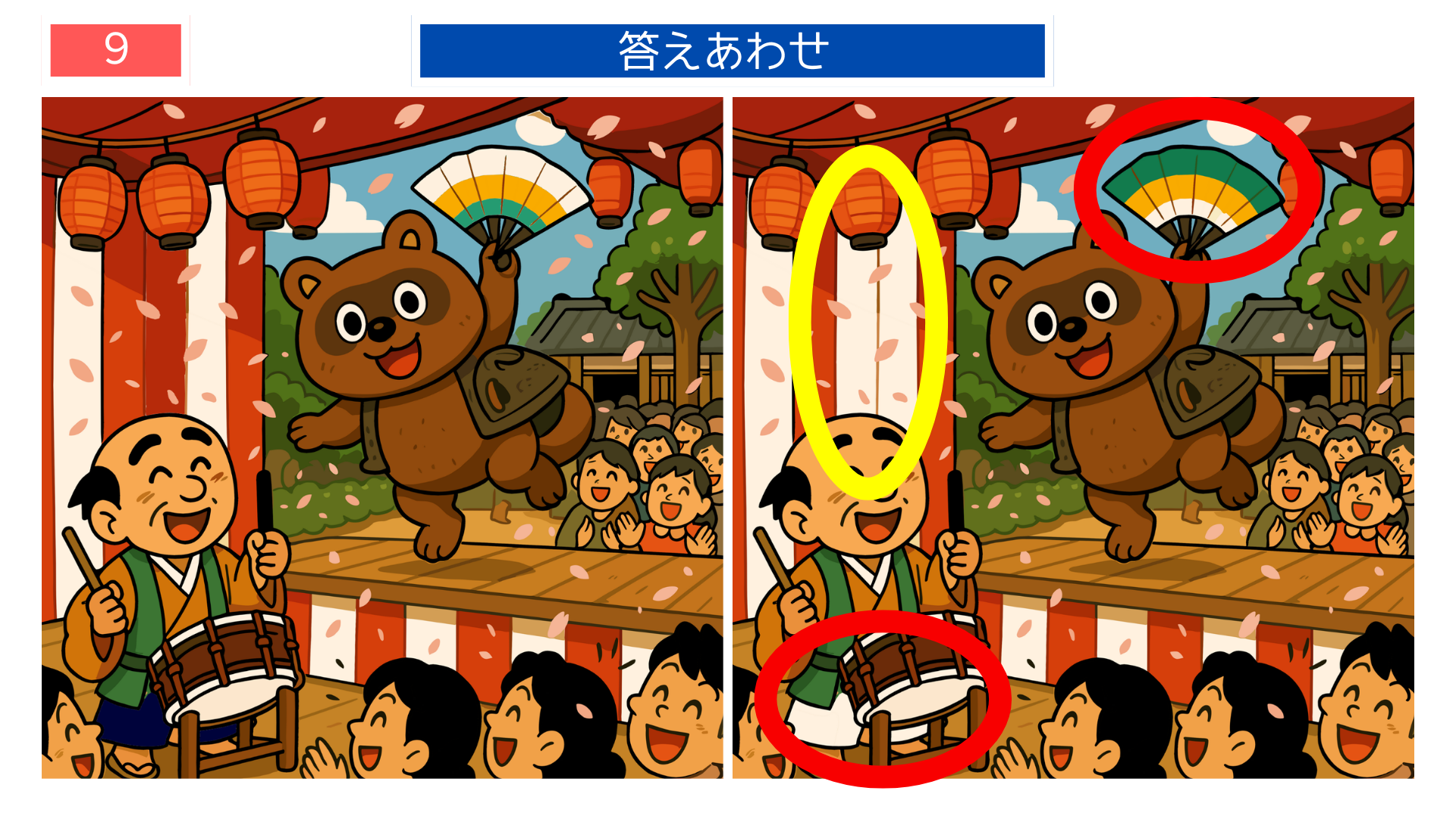 間違い探しクイズ｜背景の観客やタヌキの模様が違う答えイラスト