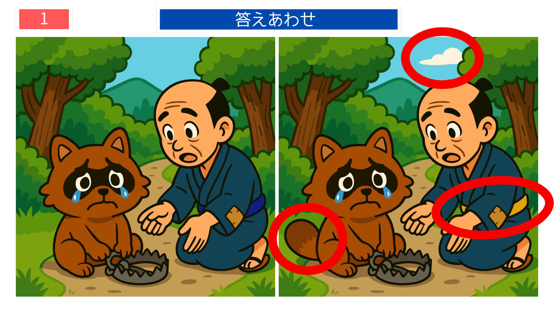 間違い探しクイズ｜タヌキの足元とおじいさんの姿勢が変化した答えイラスト