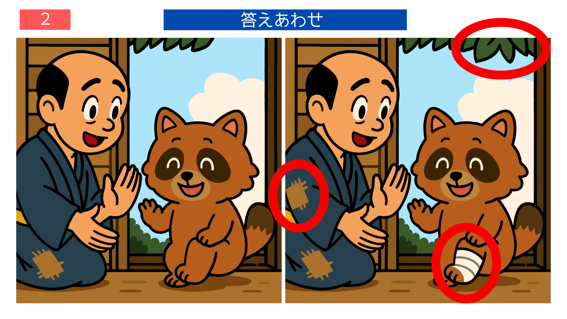 間違い探しクイズ｜タヌキの足に包帯が巻かれた答えイラスト