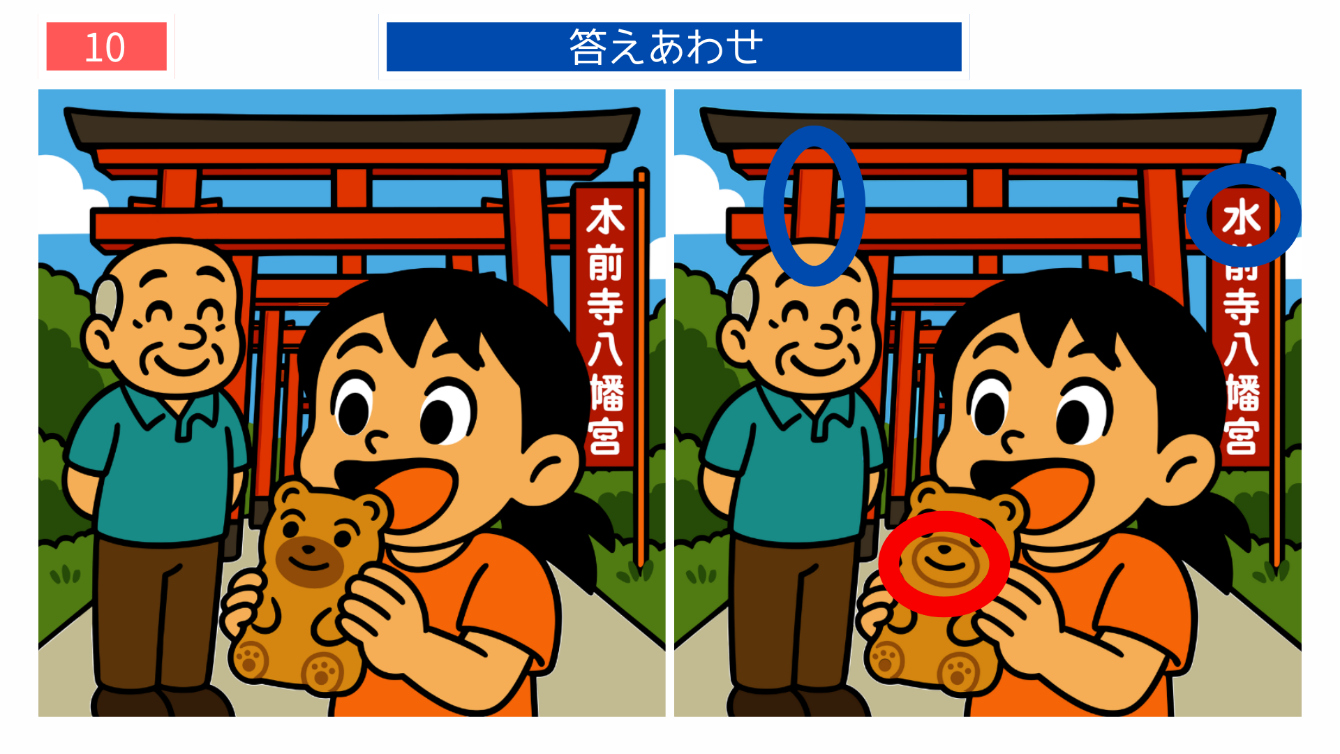 間違い探し無料プリント 神社の看板文字の違いを示した答えイラスト(レク素材)