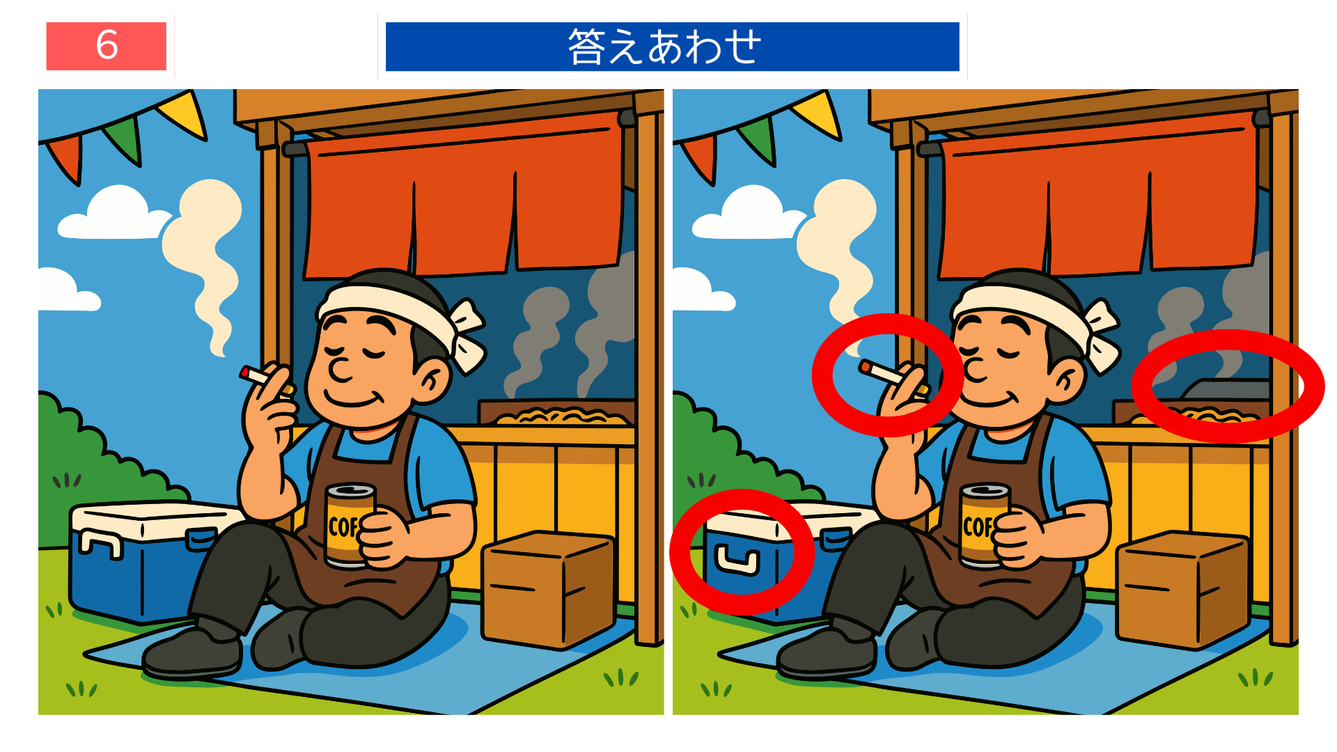 間違い探し プリント 高齢者 焼きそば屋台のおじさんを描いた答え画像（印刷向け）