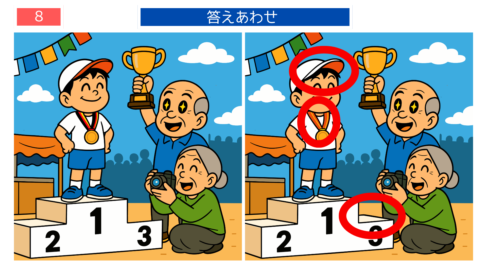 間違い探し高齢者 表彰式シーンの答え画像（脳トレにも使えるクイズ素材）