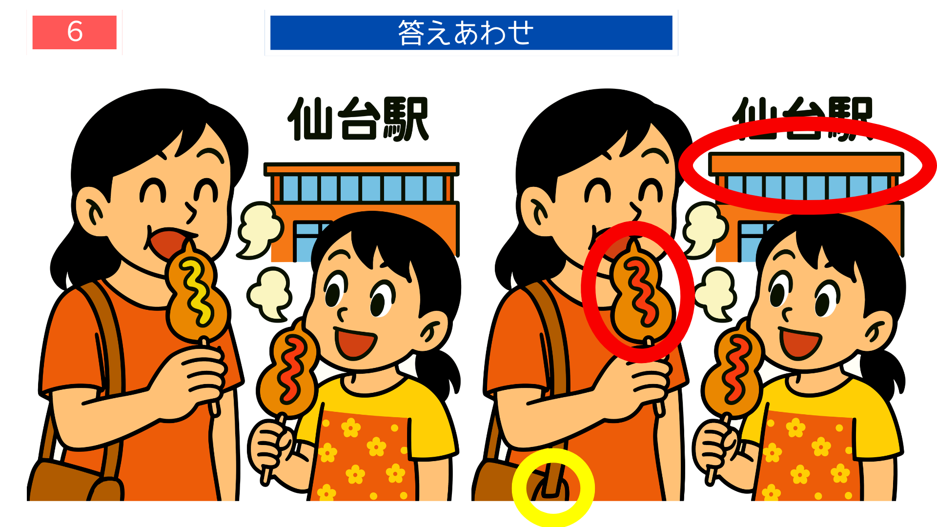 間違い探し無料難しい 仙台駅前で笹かまを味わう親子シーンの答え画像（印刷素材）