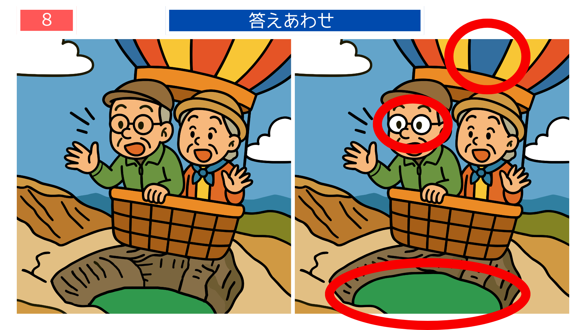 間違い探し無料プリント 松島上空を観光するシーンの答え画像（高齢者向け脳トレ）